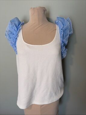 THML White Knit Tank with Blue Ruffled Striped Sleeves